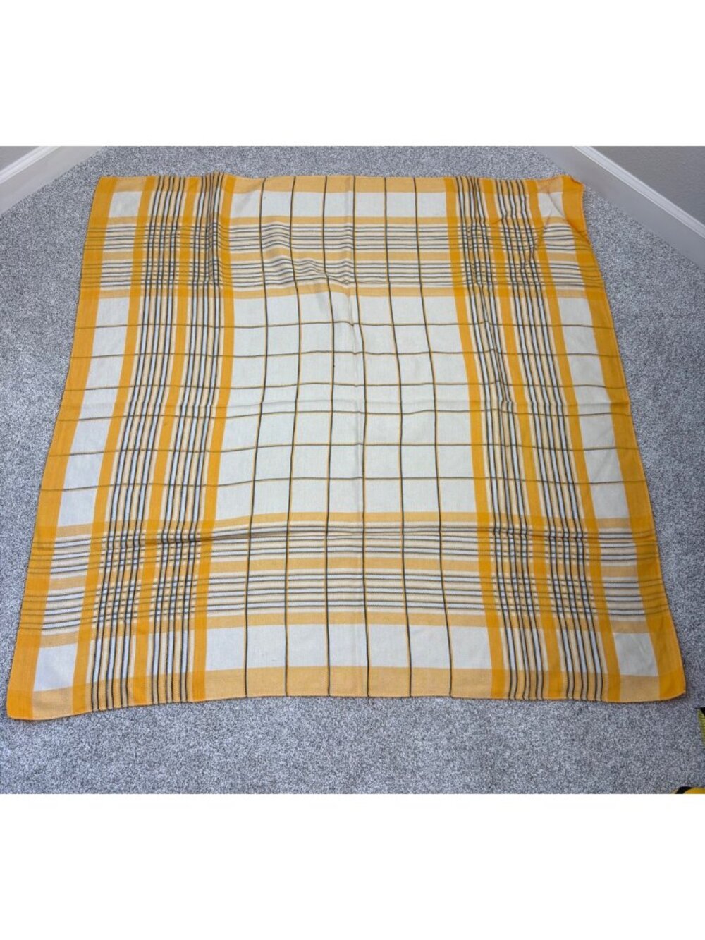 Vintage Square Tablecloth Yellow Plaid Black Grey White Unbranded 1950s